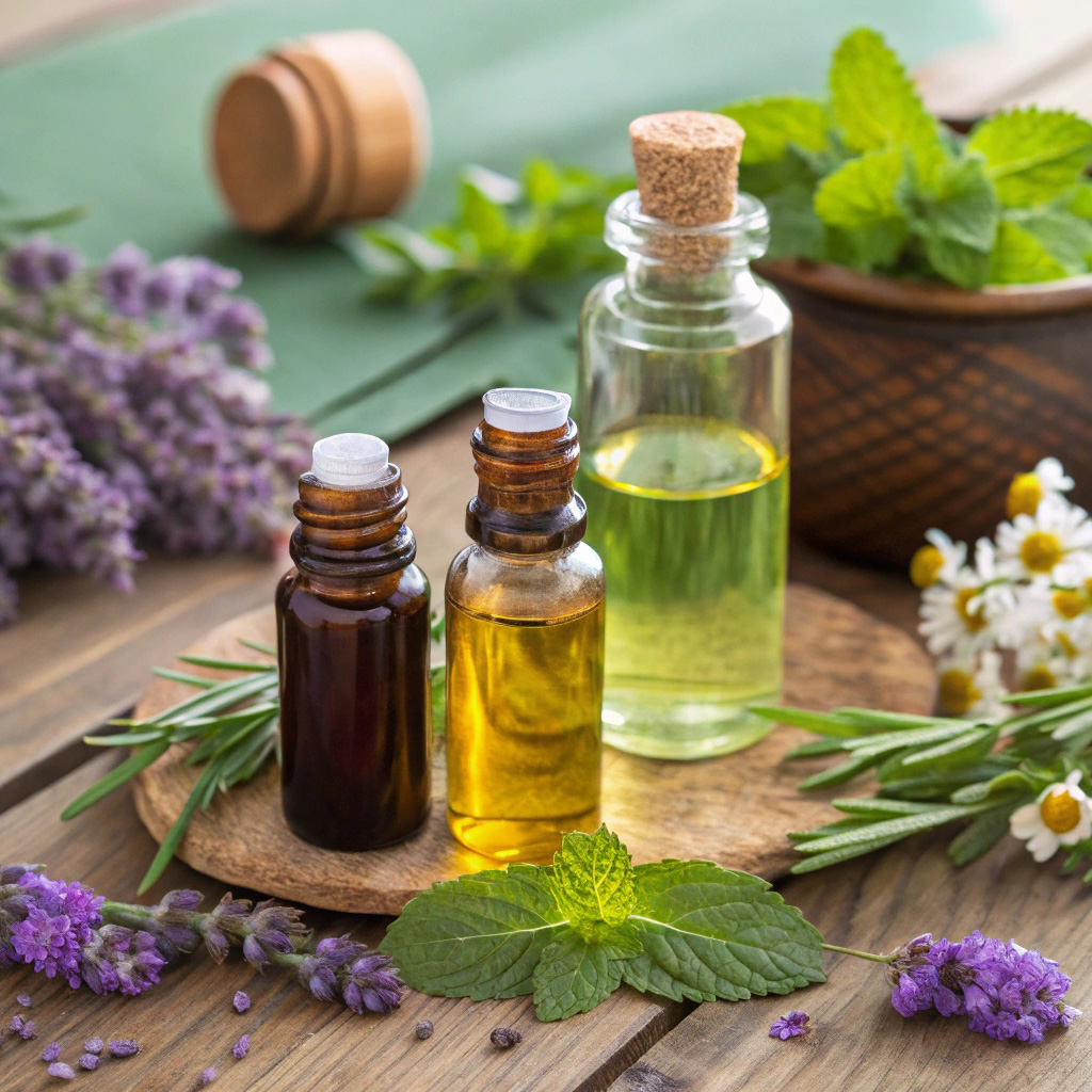 Essential oil bottles and natural ingredients