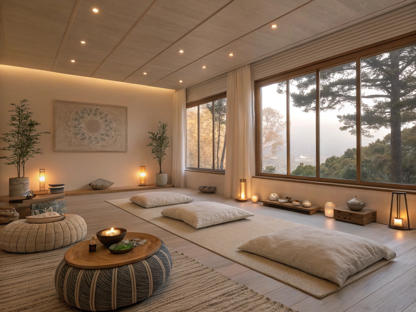 Peaceful meditation room with soft lighting